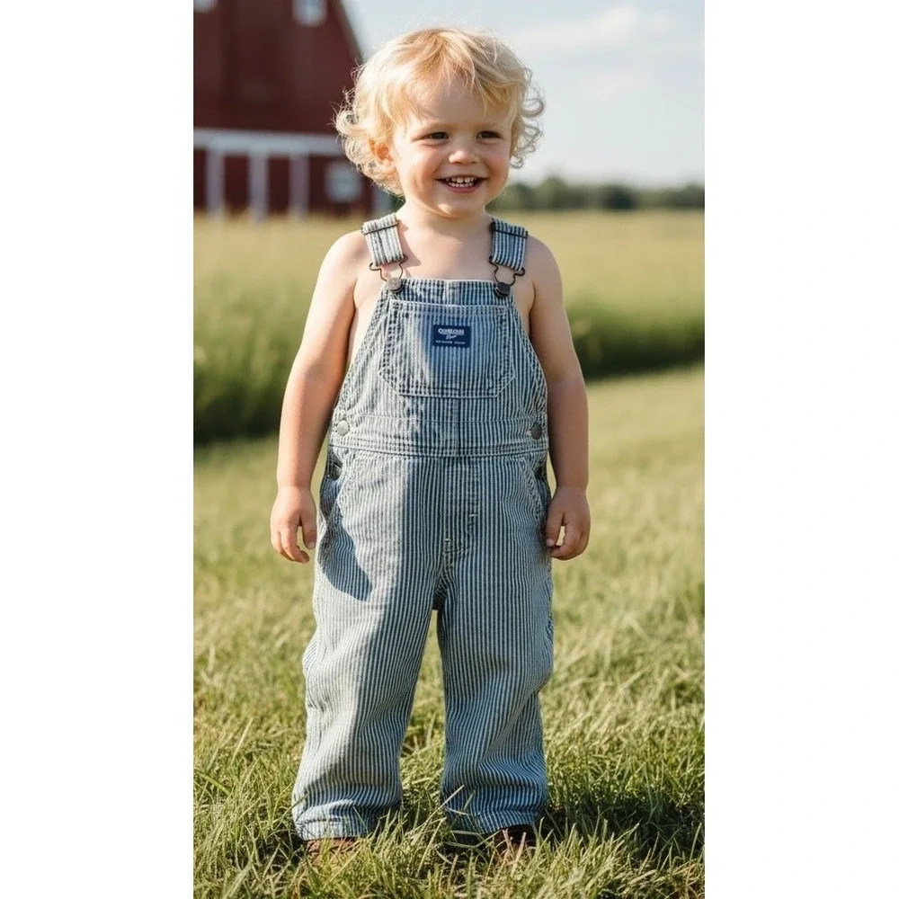 OshKosh B'Gosh 12 M Hickory Stripe Railroad Bib Overalls Toddler Engineer Denim